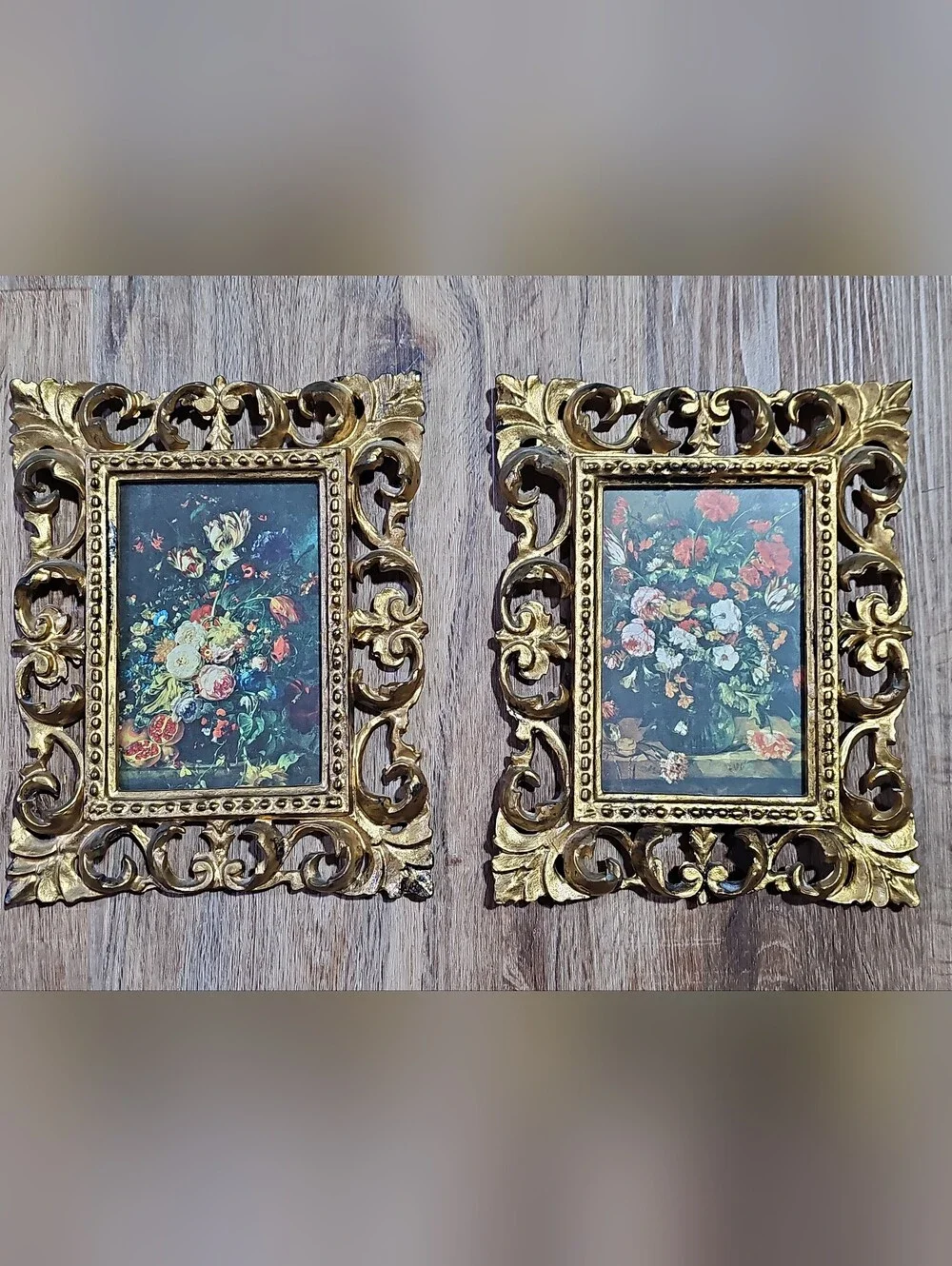 Vintage Empire Art Italy Gold Rococo Floral Wall Plaques Set 2 9x7